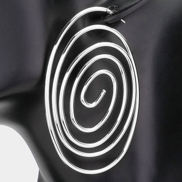 Silver Oval Swirl Design Hoop Metal Spiral Earrings 2.75 Cute Statement Jewelry - Picture 3 of 3